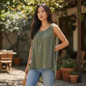 New Mind Set XCVI Medium Sage Green Floral Sleeveless Hi Low Tank Top Shirt